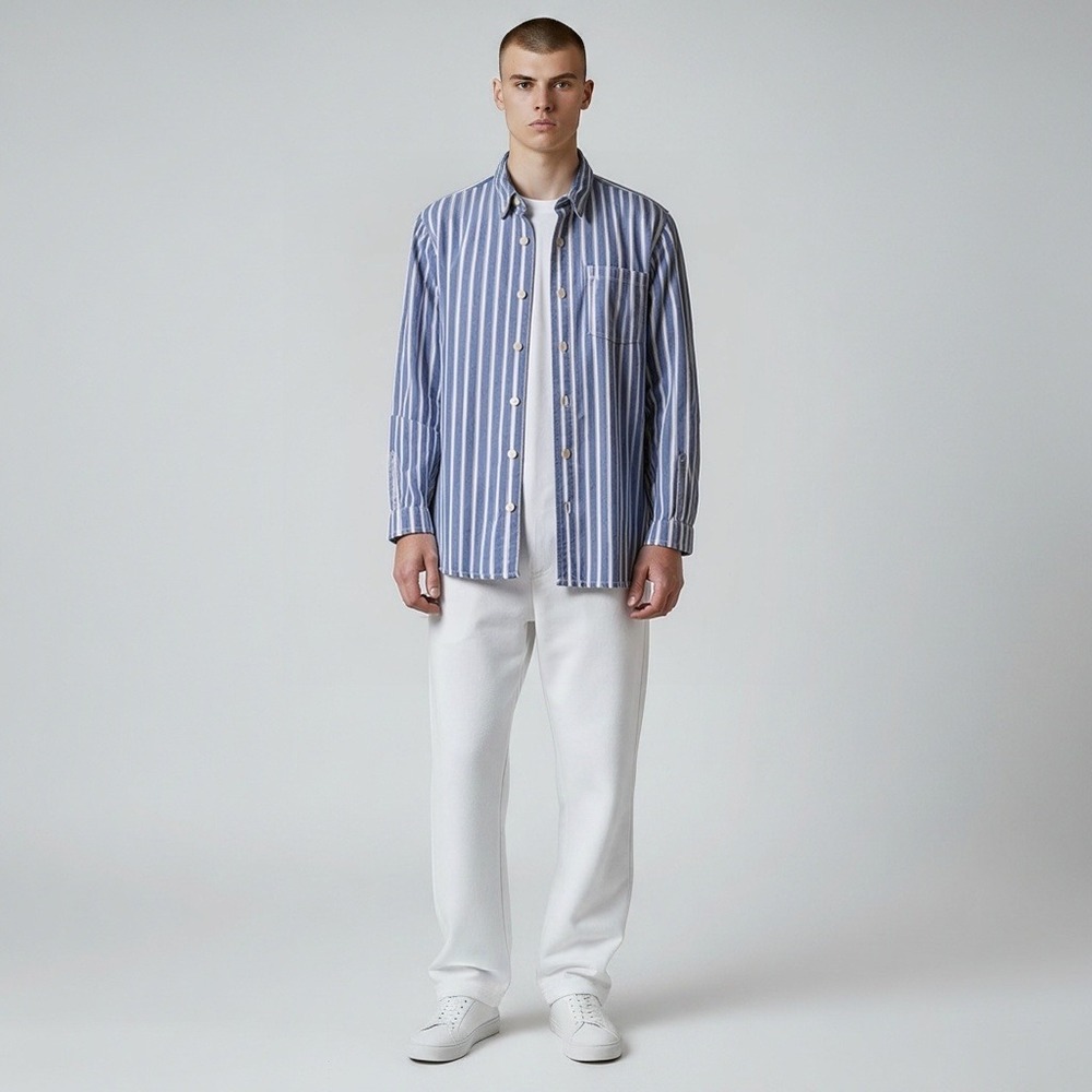 Fat Face Button Down Shirt M Blue White Striped Linen Cotton Nautical Hamptons